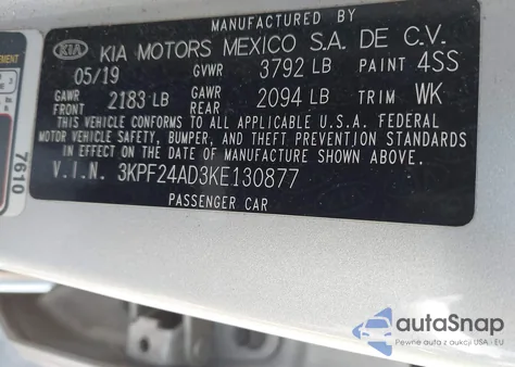 2019 Kia Forte Lxs из США, поврежденный, VIN 3KPF24AD3KE130877